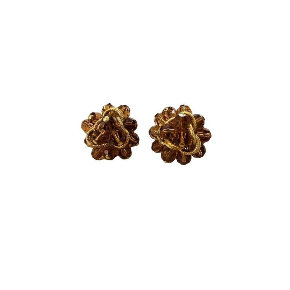 Vintage Signed Napier Clip On Non-Pierced Cluster Earrings Goldtone Amber Color